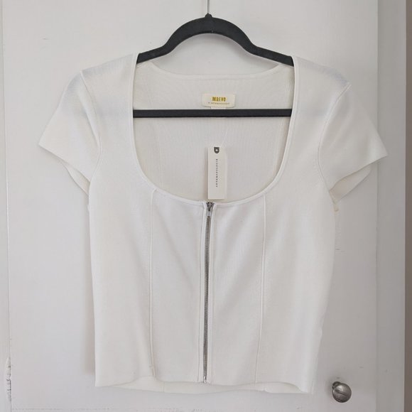 NWT Anthropologie White Zip Front Short Cap Sleeve Sweater Scoop Neck Women's‎ M - Picture 5 of 15